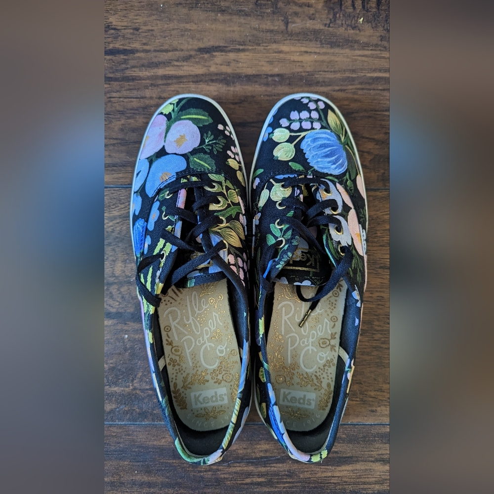 Keds Black Floral Sneakers with Blue, Pink and Green Accents